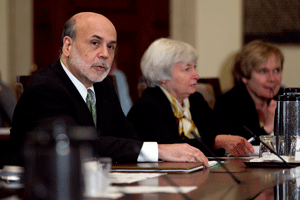 Ben S. Bernanke, chairman of the U.S. Federal Reserve, from left, Janet Yellen, vice chair of the U.S. Federal Reserve, and Elizabeth Duke, governor of the U.S. Federal Reserve, attend an open meeting of the Federal Reserve Board in Washington, D.C., U.S., on Thursday, June 7, 2012. U.S. regulators moved forward on implementing global bank capital rules, releasing the language for measures proposed in past years, even as the international body overseeing the framework makes adjustments. Photographer: Andrew Harrer/Bloomberg