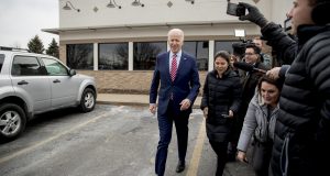 Democratic presidential candidate Joe Biden leaves after eating lunch at Ross' Restaurant on Monday in Bettendorf, Iowa. AP Photo by Andrew Harnik