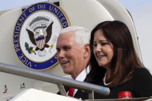 In this January 2020 file photo, Vice President Mike Pence and his wife Karen disembark from Air Force Two upon their arrival at Rome's Ciampino airport. Karen Pence says it’s OK to not be OK during the coronavirus pandemic. While Vice President Mike Pence runs the White House coronavirus task force, his wife is leading a parallel effort to help people deal with anxiety and other unsettling emotions brought on by the pandemic. AP Photo by Alessandra Tarantino
